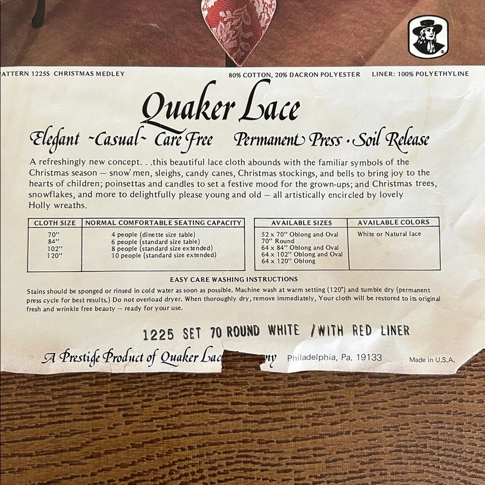 Vintage Quaker Lace tablecloth. 70‎ inch round. White lace over red liner.